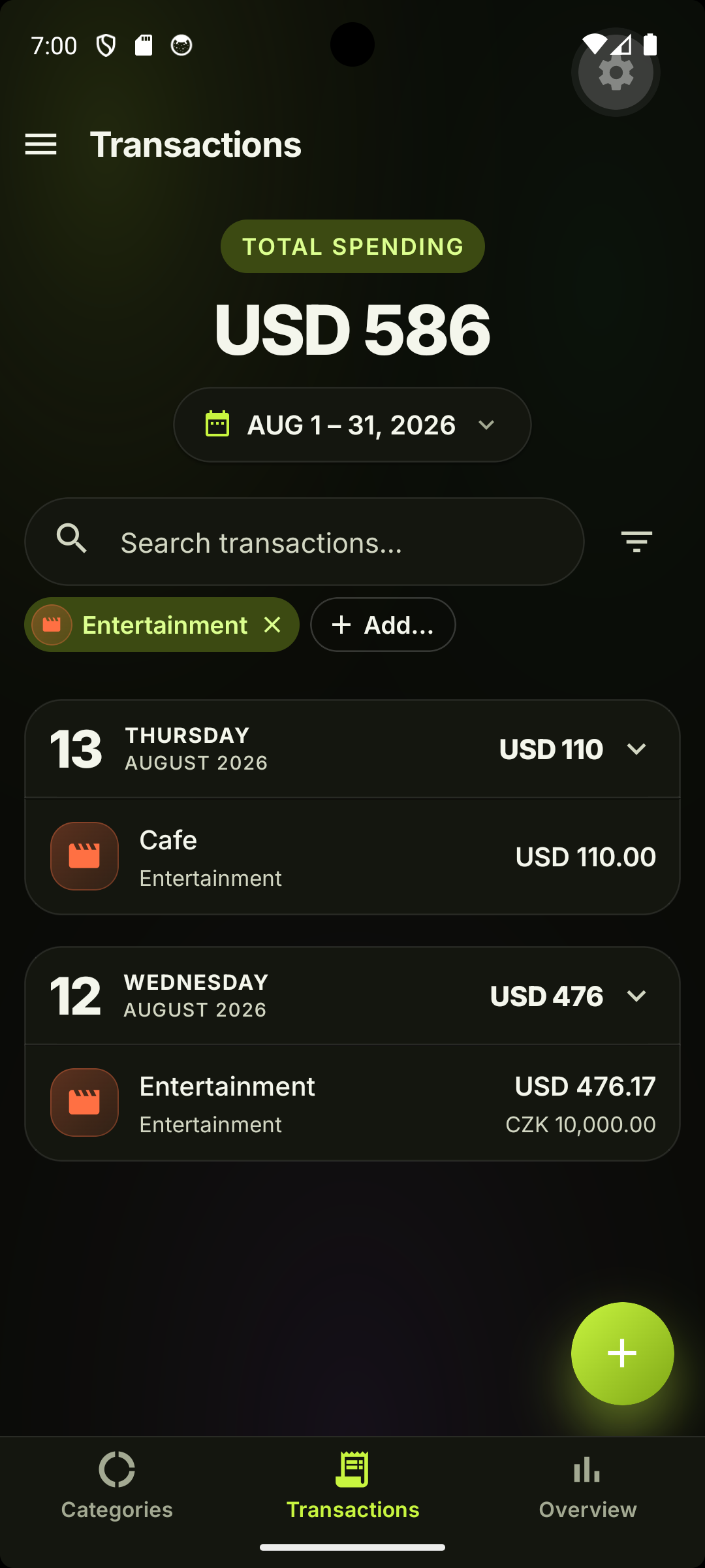 Transactions list with a search box and an active category filter chip