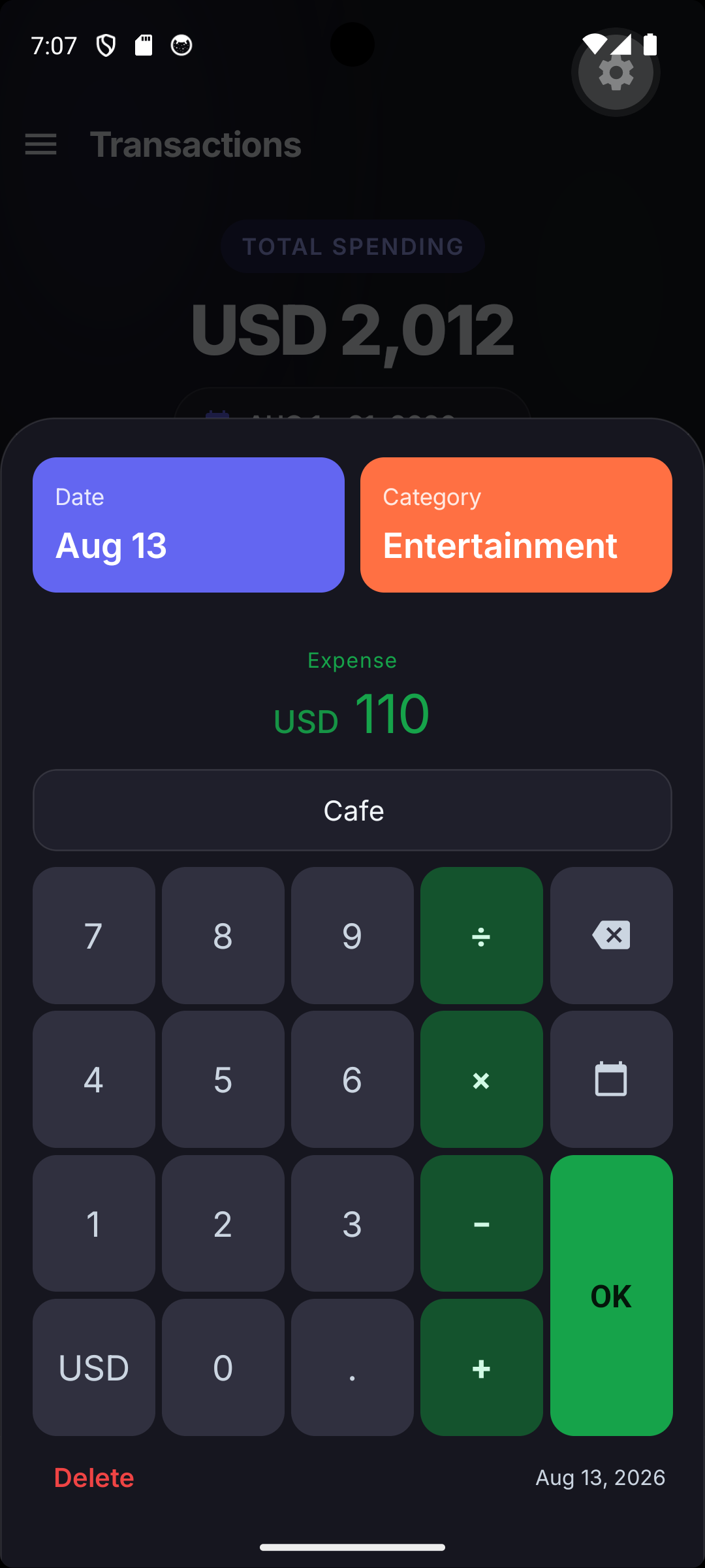Edit-expense dialog with date, category, amount and merchant fields plus a delete action