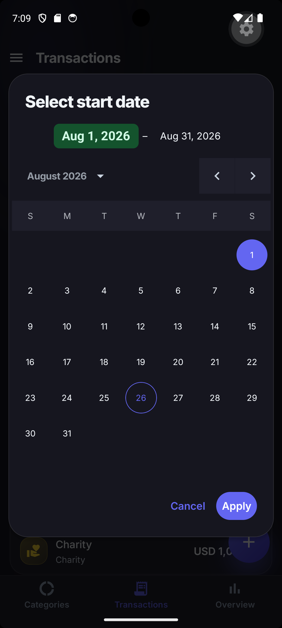 Date range picker dialog with a monthly calendar and Apply / Cancel actions