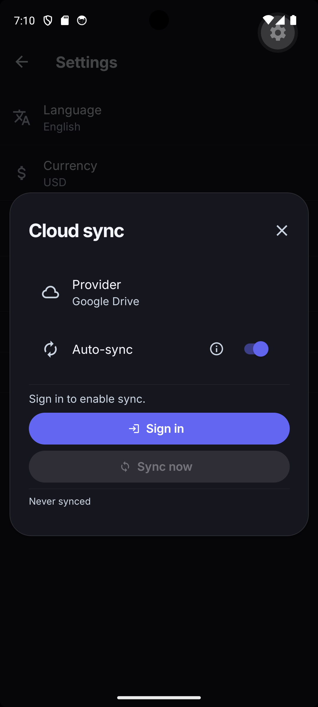 Cloud sync dialog with a provider, an auto-sync toggle, sign-out and sync-now actions and the last-synced status