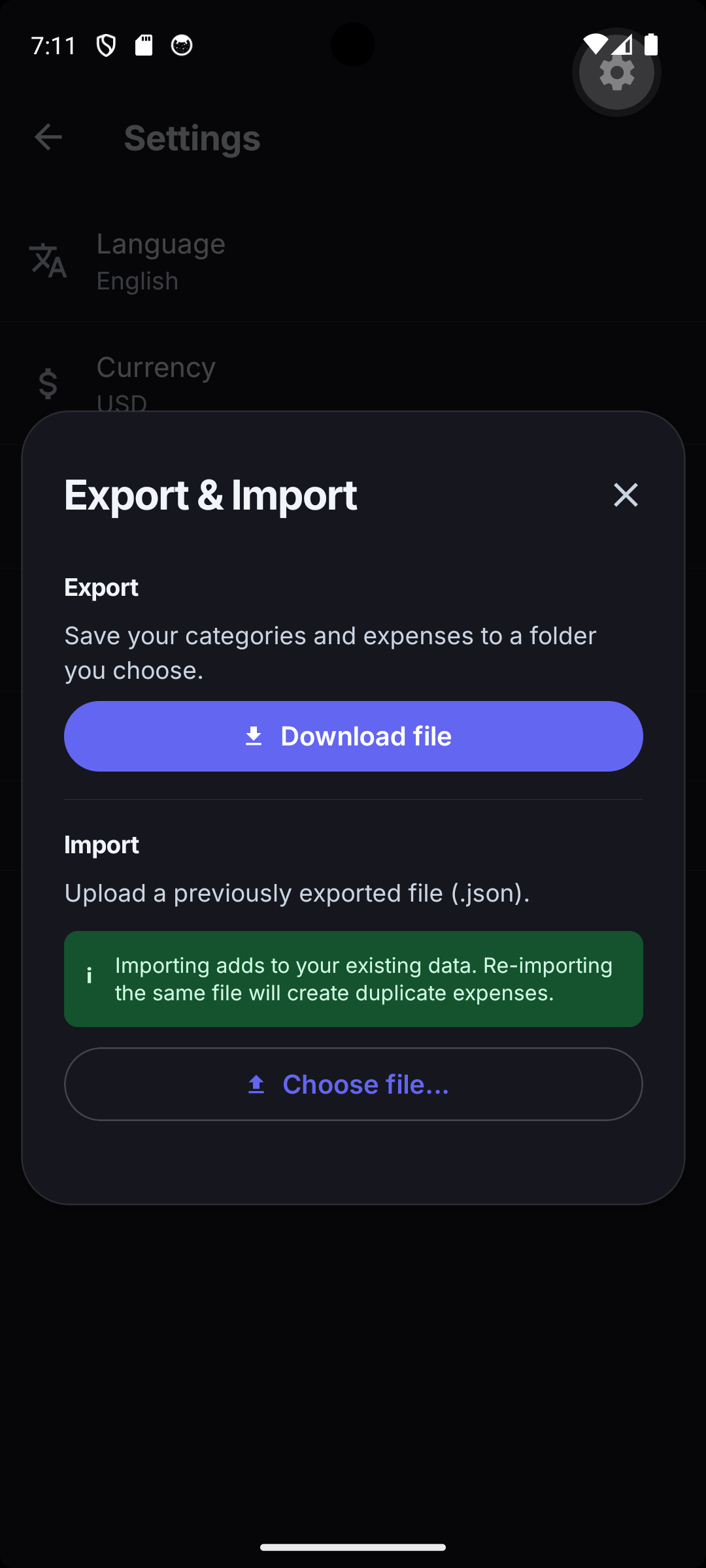 Export and import dialog offering a JSON or CSV download and a file-picker restore action