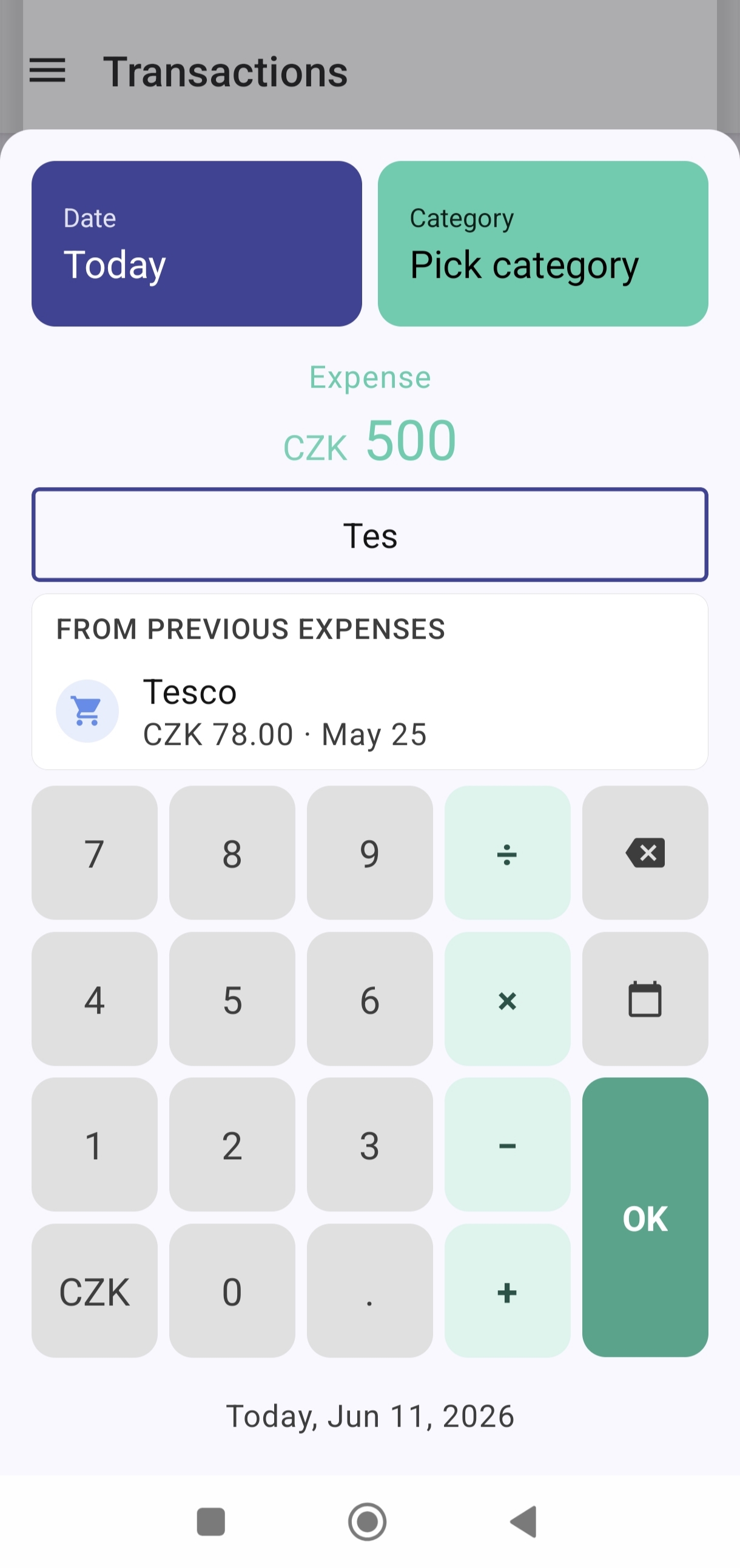 Add-expense dialog with date, category, amount CZK 500, merchant field showing 'Tes' with a Tesco suggestion from previous expenses, and a calculator keypad