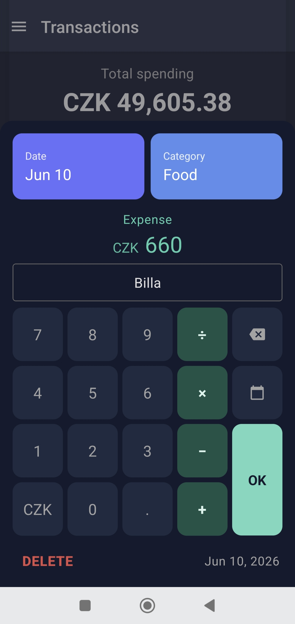 Edit-expense dialog in dark mode for a CZK 660 Billa Food expense on Jun 10, 2026, with a red DELETE button bottom-left and OK bottom-right