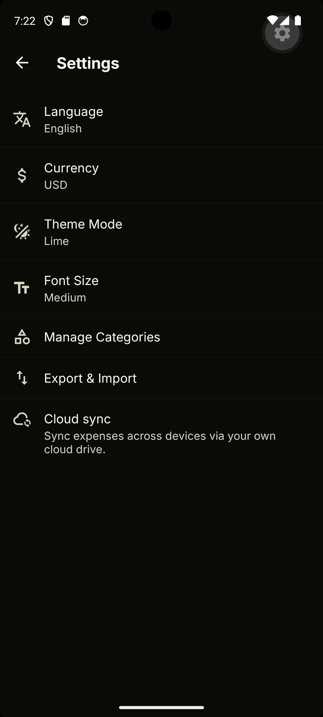Settings screen with theme, colour scheme, font size, currency and language options