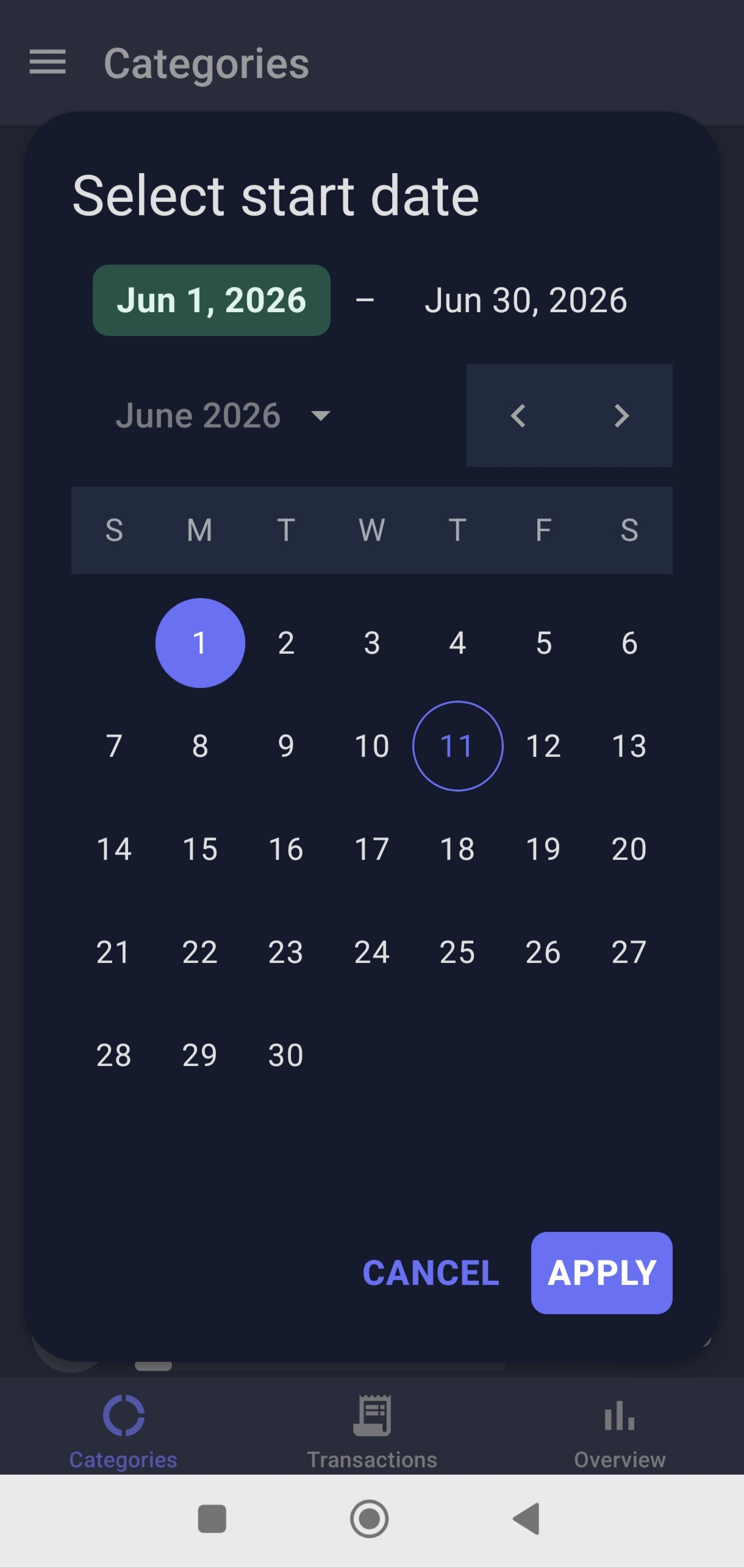 Date range picker dialog showing June 2026 calendar with Jun 1 selected as the start date and Apply / Cancel actions