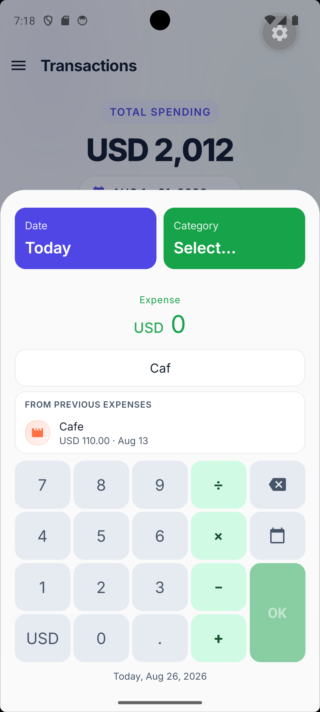 Add-expense dialog with a merchant autocomplete suggestion and a calculator keypad
