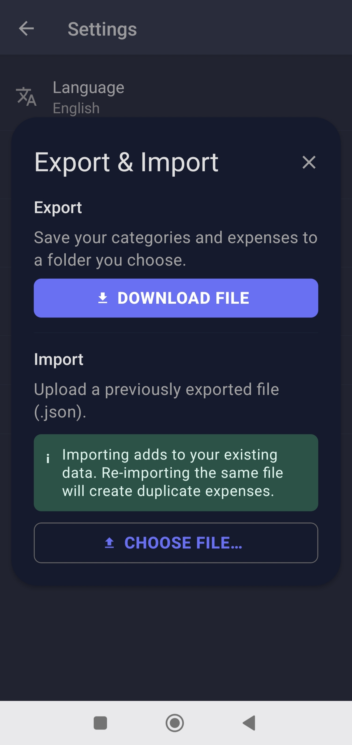 Export & Import dialog offering a JSON download and a Choose file restore action